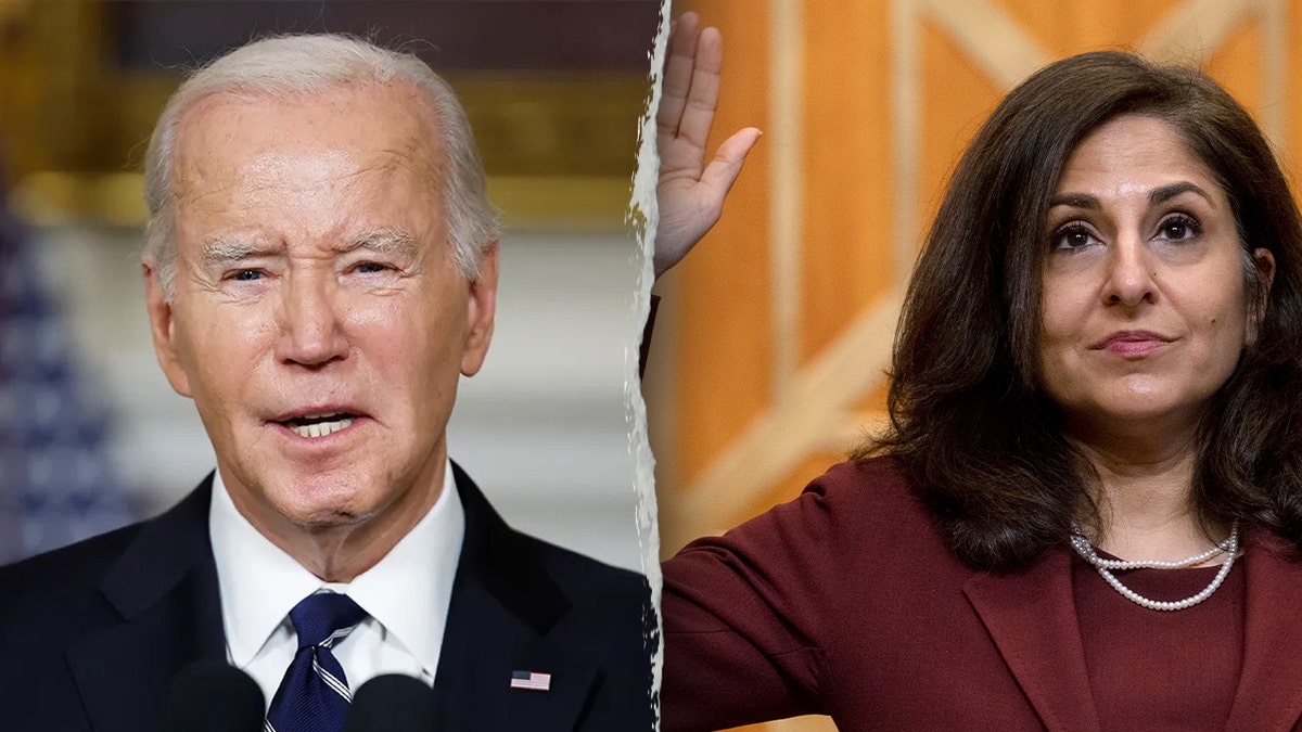 Joe Biden, left; former Biden aide Neera Tanden, right