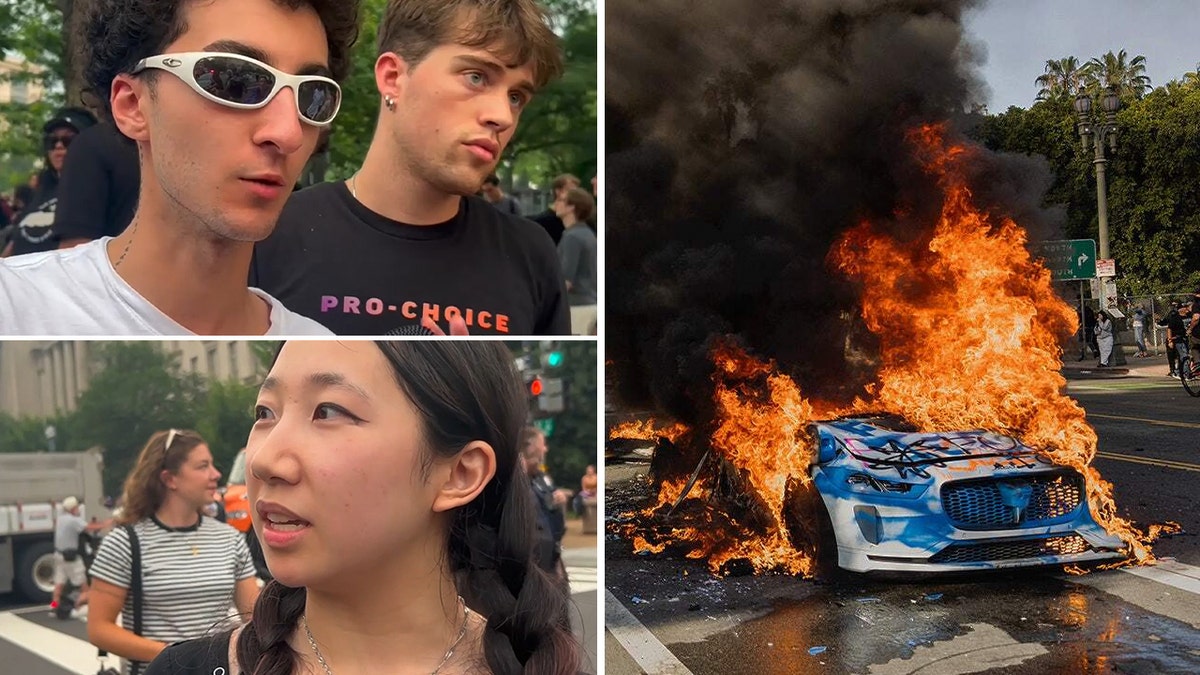 Protesters at Army parade top left, bottom left; right: burning car